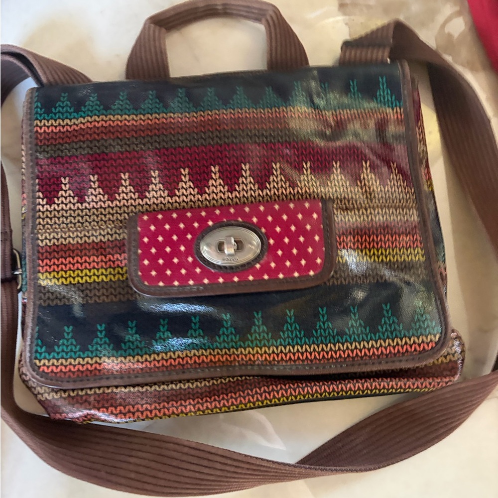 Fossil Multicolor Woven Crossbody Bag with Brown Strap